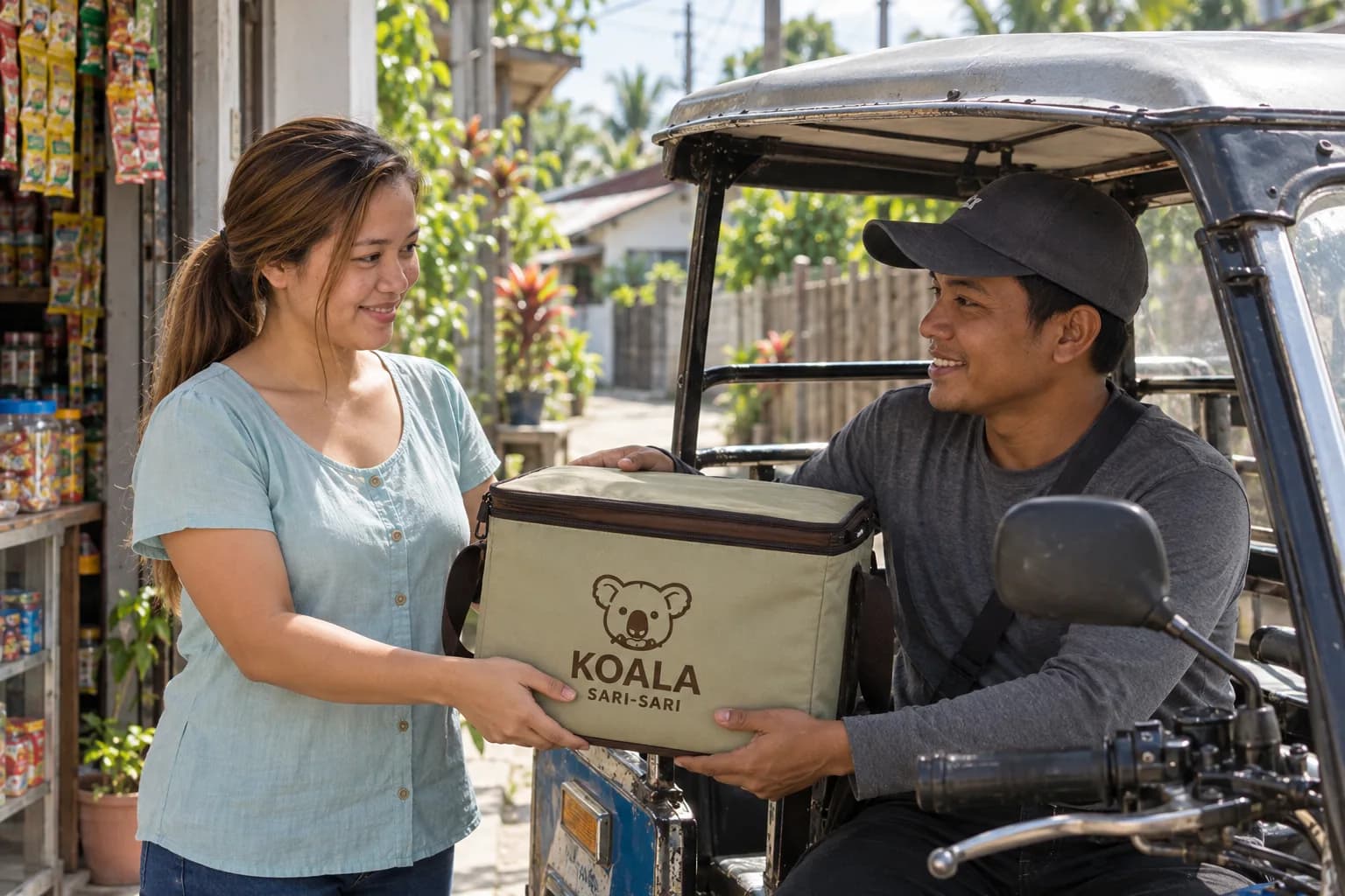 She hands the KOALA cooler bag to the rider before delivery.