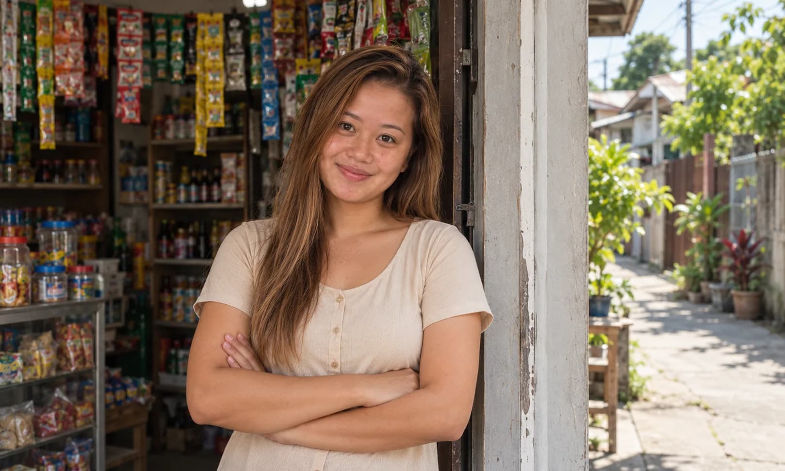 The owner of the list, smiling outside her home.